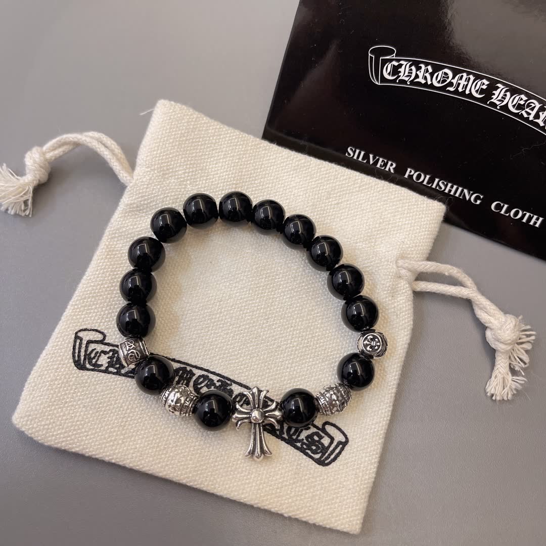 Chrome Hearts Black Bead Bracelet with Cross